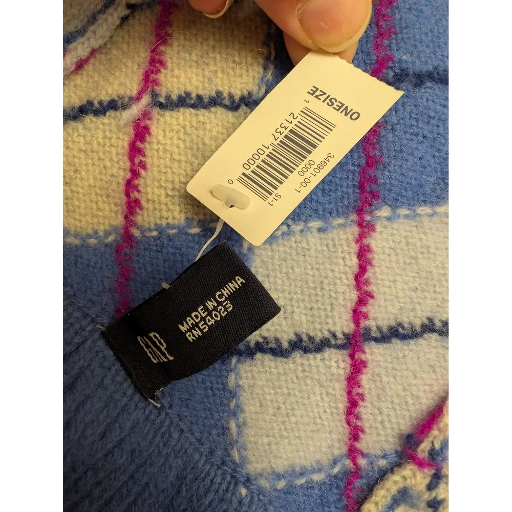 Vintage Deadstock GAP Scarf Blue Argyle 100% Lambswool Ruffle‎ Trim Y2K Preppy - Picture 2 of 4